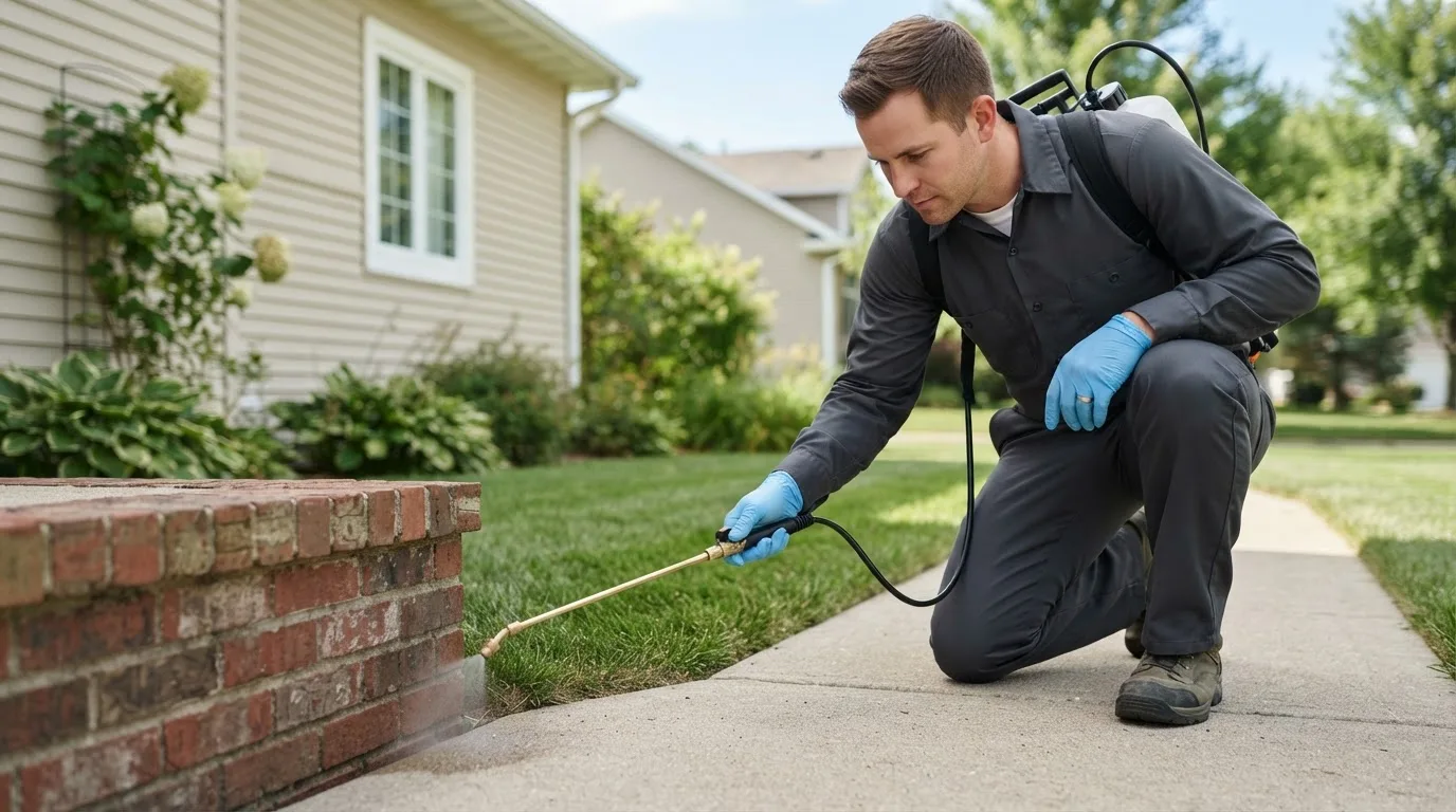 Pest control technician treating a home near Heltonville, IN