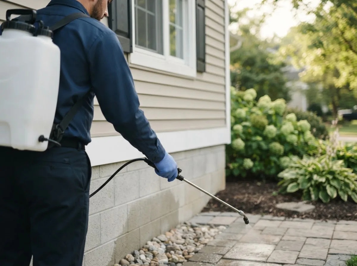 Pest control technician inspecting a home in Heltonville, IN